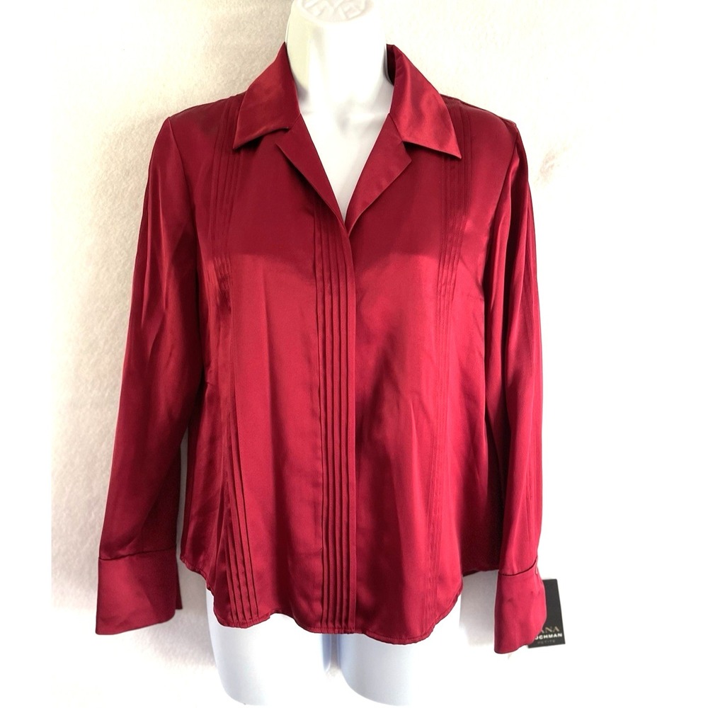 Y2K Corporate Chic Quiet Luxury Dana Buchman Ruby Red 100% Silk Blouse 8 Petite